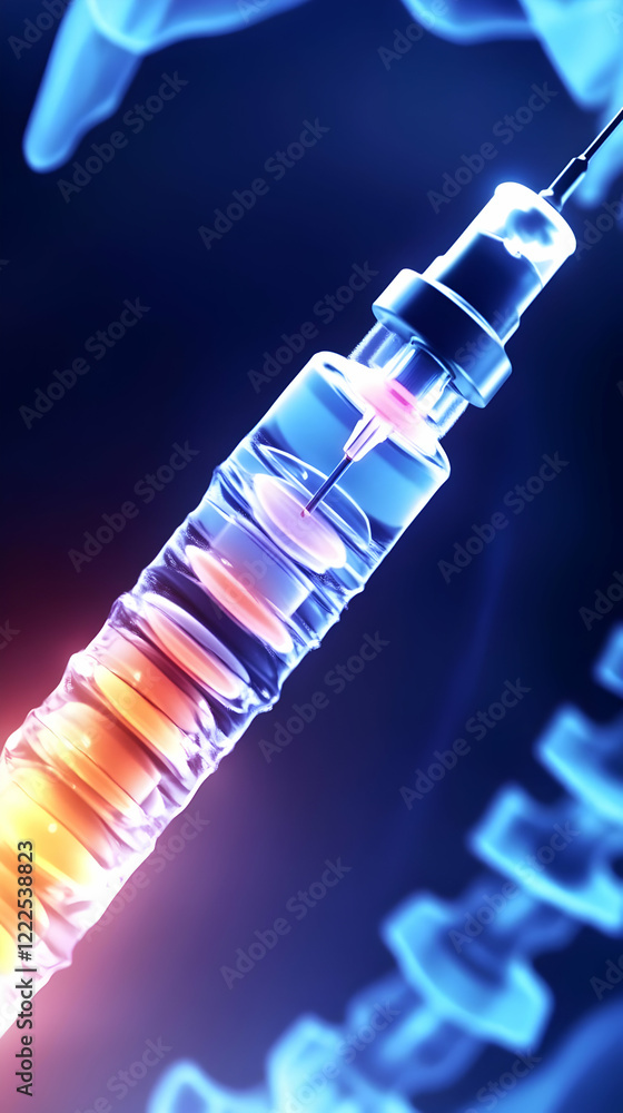 Poster syringe injects fluid into a stylized spine during a medical procedure with a gradient background.