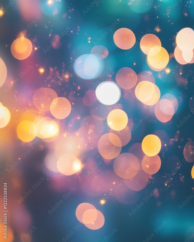 Poster abstract bokeh light background with sparkling particles, deep blue and warm peach tones.