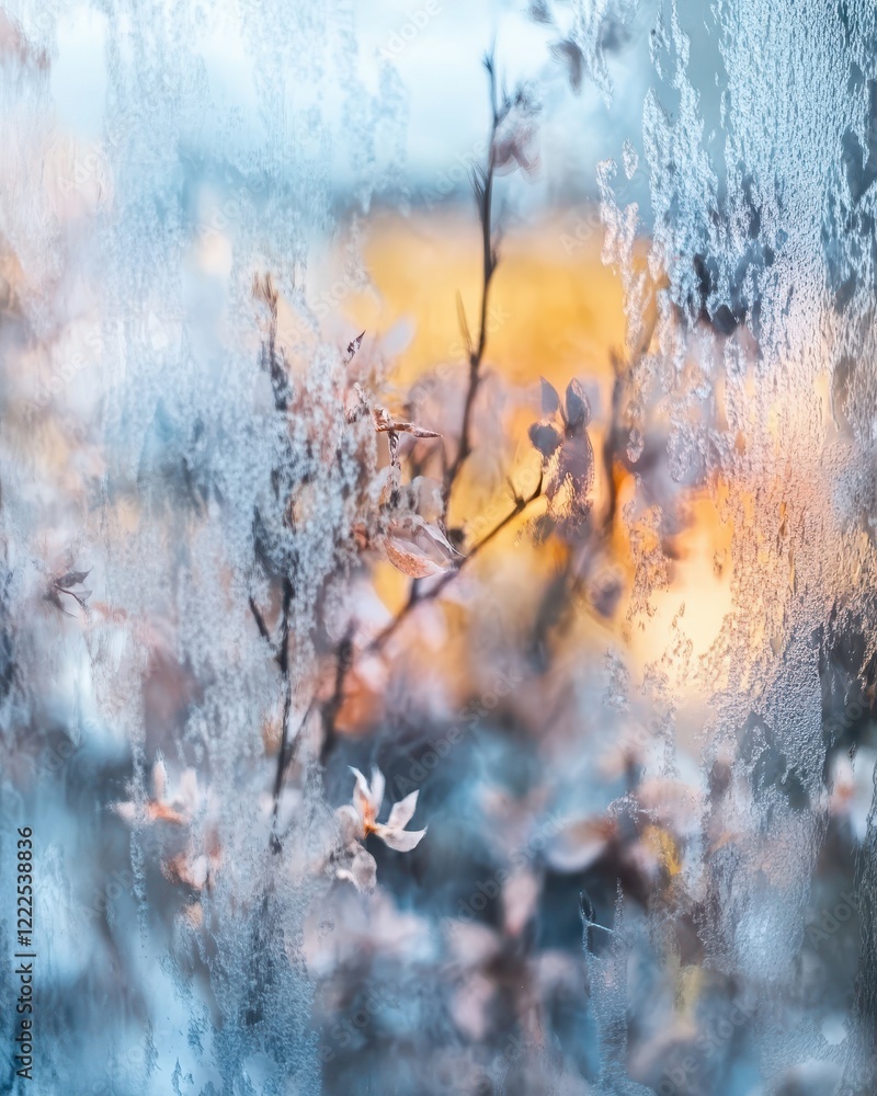 Poster frozen window with blossoming tree view winter abstract macro.