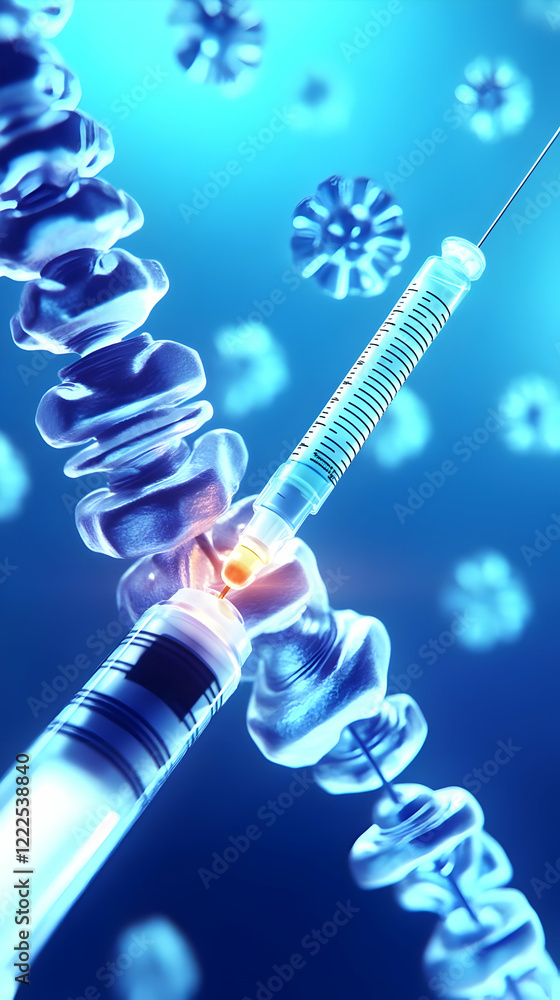 Poster 3d illustration: syringe injects into cell structure with microscopic view of pathogens
