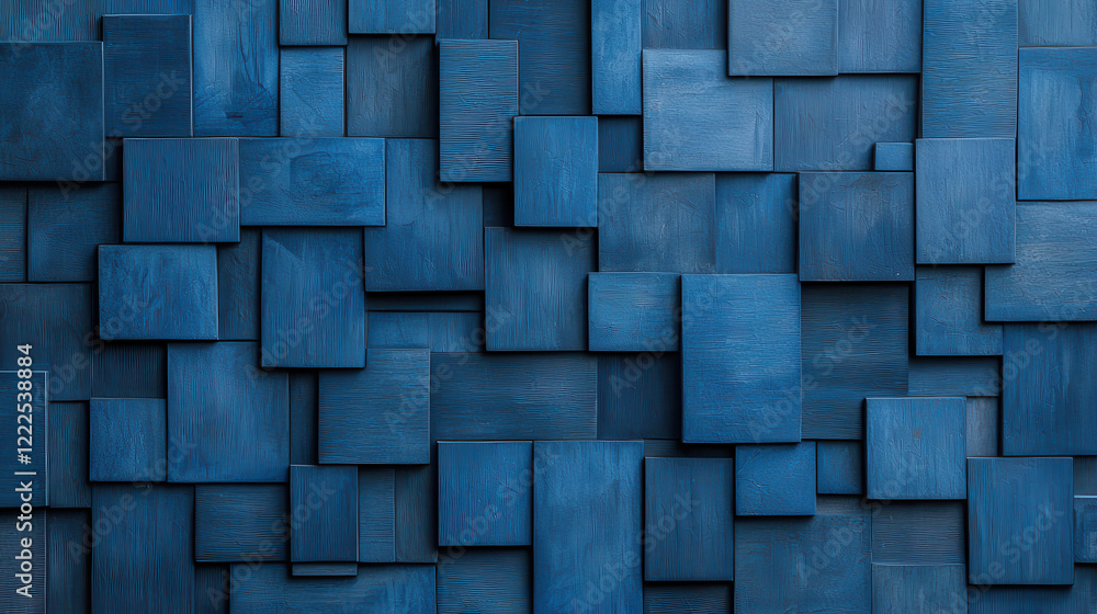 Poster textured blue wooden panels create visually striking abstract composition, showcasing various shades