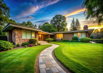 Fototapeta premium Classic mid-century ranch, brick facade, lush green lawn, and inviting stone pathway.