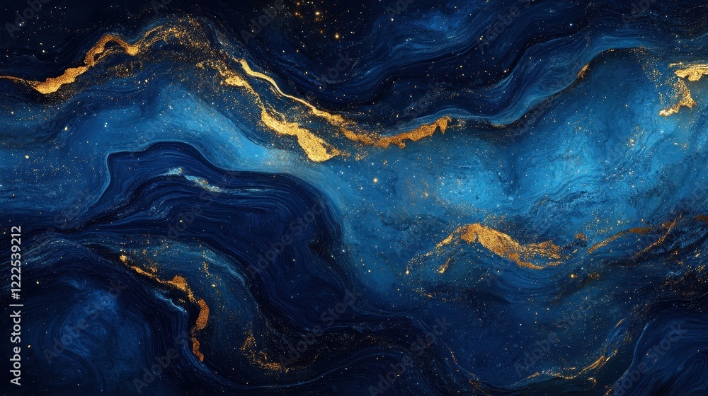 Poster abstract deep blue and gold marbling texture background with swirling patterns and glittering accent