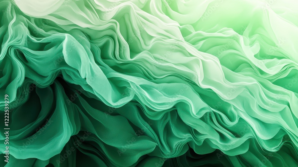 Poster abstract green chiffon fabric waves background texture with light and shadow.