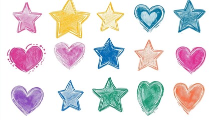 Colorful hand drawn hearts and stars in a playful artistic watercolor style on a white background