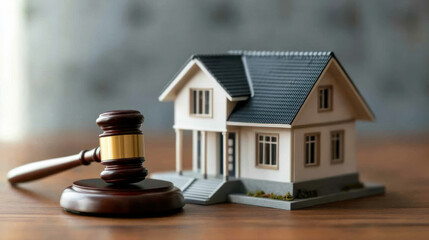A gavel and a miniature house representing real estate law and property ownership.
