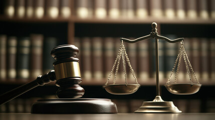 A gavel and scales of justice symbolize law and order in a legal setting.