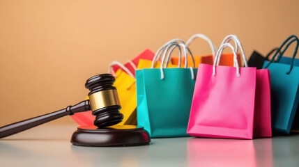 A gavel beside colorful shopping bags representing retail law and consumer rights.
