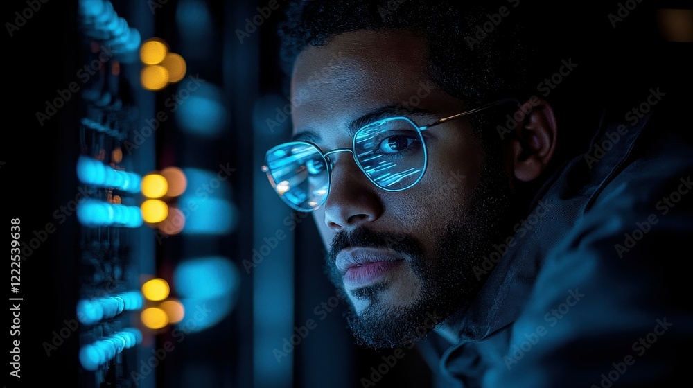Poster a technician reviews server performance metrics in a dimly lit server room at night. the glowing scr