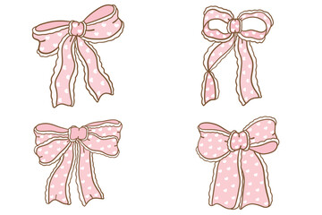Whimsical Hand-Drawn Decorative pink Bow with flowers pattern set. Vector Illustration