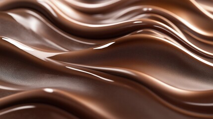Smooth flowing melted chocolate with glossy texture and rich brown tones creating elegant curved waves