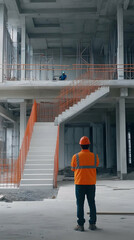 Construction Workers Inspecting the Building Progress at the Construction Site with Concrete Stairs