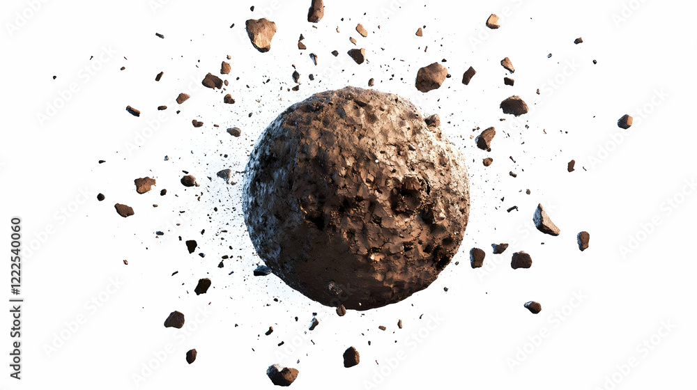 Aufkleber 3d render of a brown rough textured sphere exploding with debris on white background.