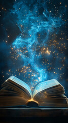Book of magic opened, sky blue background