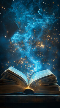 Book of magic opened, sky blue background