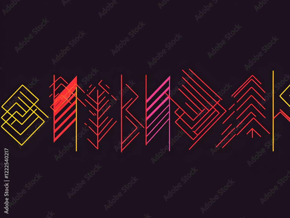 Aufkleber colorful geometric shapes aligned horizontally on a dark background create a modern abstract design
