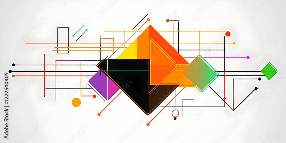 Poster abstract geometric shapes and lines create a dynamic composition on a white background.