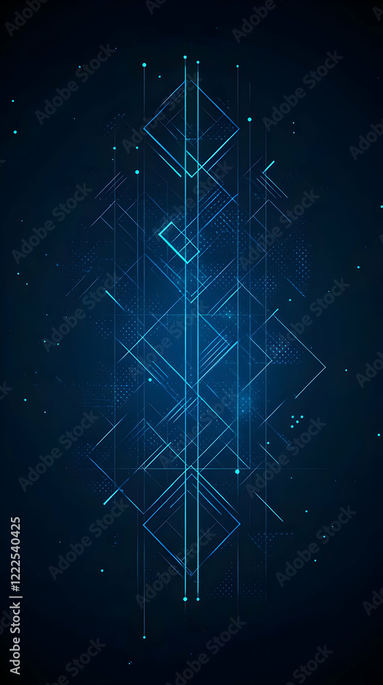 Poster abstract blue geometric lines and shapes form an intricate design on a dark background