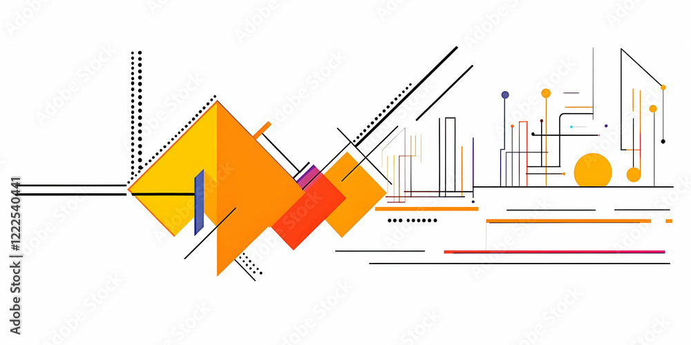 Poster abstract geometric composition combines colorful shapes, lines, dots dynamically on white background