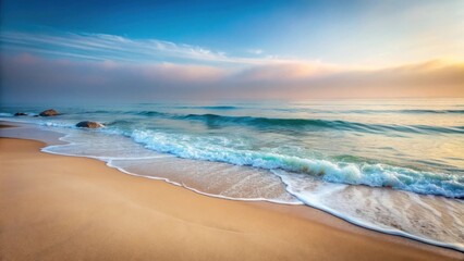 Obraz premium Serene Coastal Scene at Dawn Gentle Waves Rolling Onto a Sandy Beach with Rocks