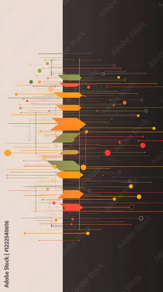 Poster abstract background with colorful lines, dots, and geometric shapes dynamically interacting