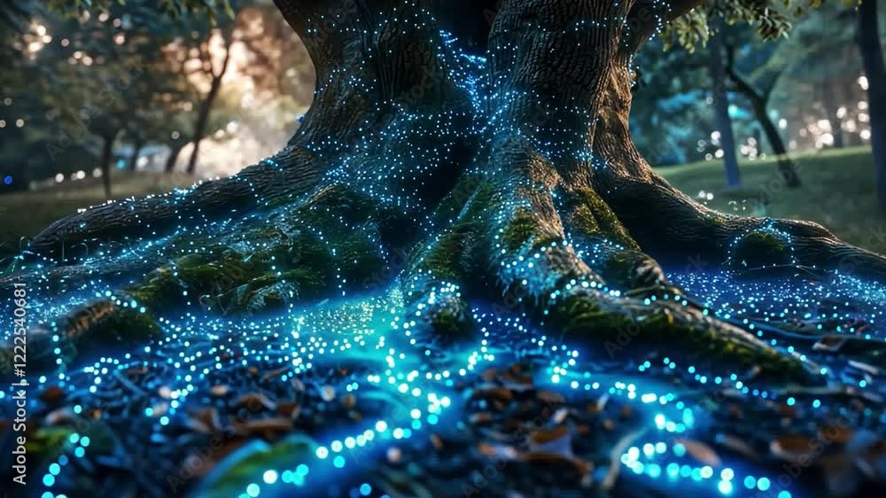 Aufkleber beneath a massive tree, vibrant blue lights pulse through the roots and ground, creating an enchanti