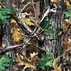 A realistic photo of a camouflage pattern with green leaves and brown oak tree branches. The background is a forest camouflage