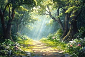 Obraz premium Enchanting Forest Path with Sunbeams and Lush Foliage, Digital Painting.