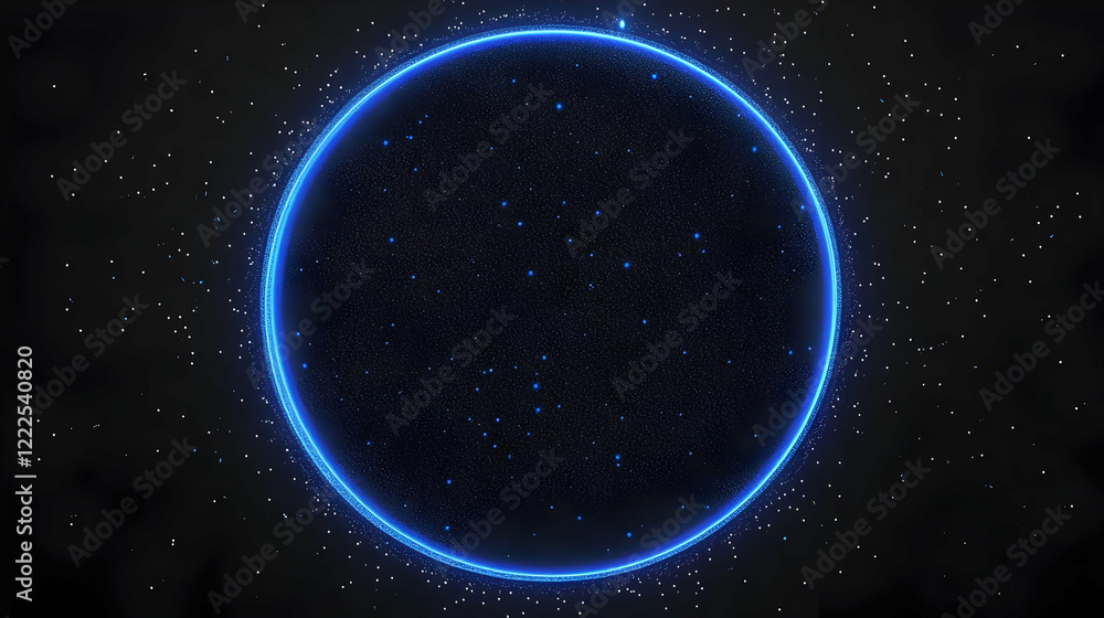 Poster abstract background with glowing blue circle and sparkling particles on dark background