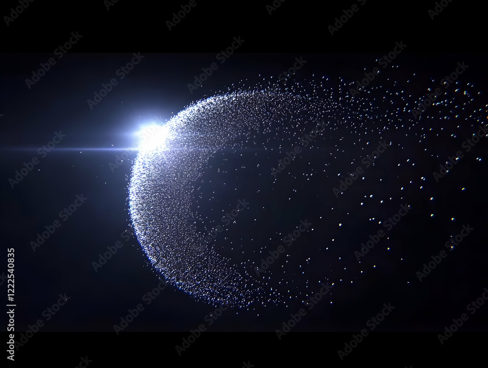 Poster abstract sphere of particles illuminated by bright light on a dark background