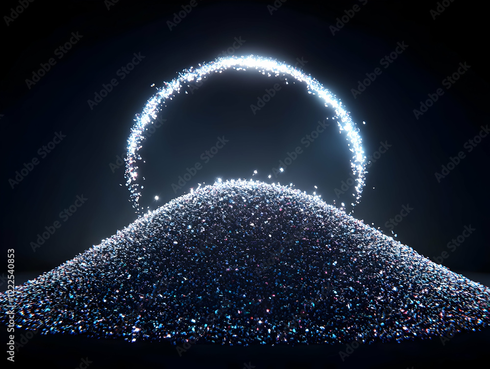 Aufkleber 3d render of glittering pile with sparkling circular frame on dark background