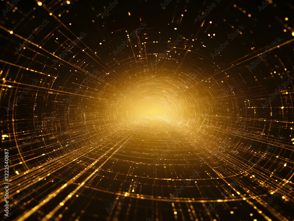 Poster golden abstract tunnel creates a futuristic pathway of light and energy with digital grid lines