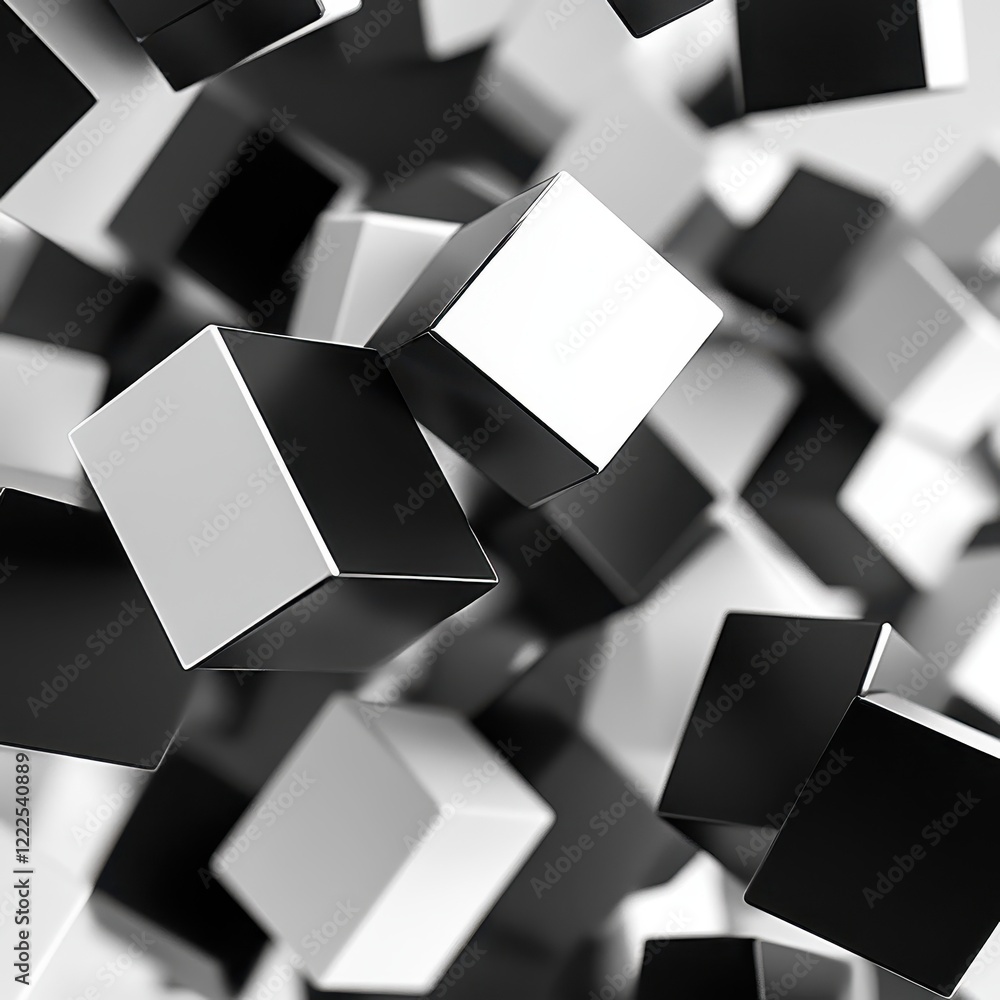 Poster abstract 3d render of black and white cubes in a dynamic composition.