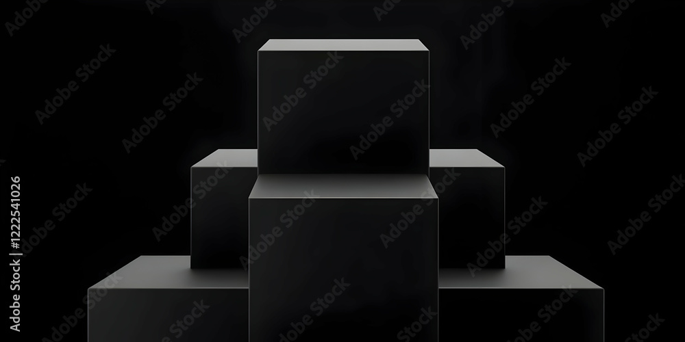 Poster black cube pedestal display stands in ascending order on a dark background