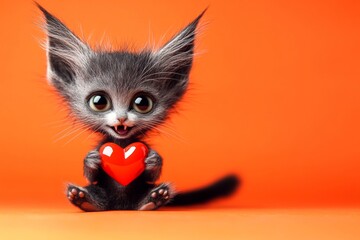 Obraz premium Lykoi - my preferred cat. Marketing creative image. Cute lykoi young cat with diamond red heart - emblem of love, funny greeting card. Red ribbon kitten. Love concept photo. Adorable kitten.