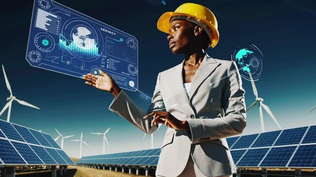 Empowering Renewable Leadership with a Woman Showcasing Hologram of Work Processes, Generative AI