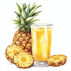 Watercolor pineapple juice on white background. Perfect idea for restaurants, cafes, cocktail guides, and recipe books, holidays, parties, and beverage branding projects