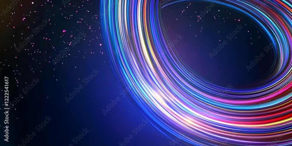 Poster abstract background with swirling colorful light trails and sparkling particles on a dark blue backd