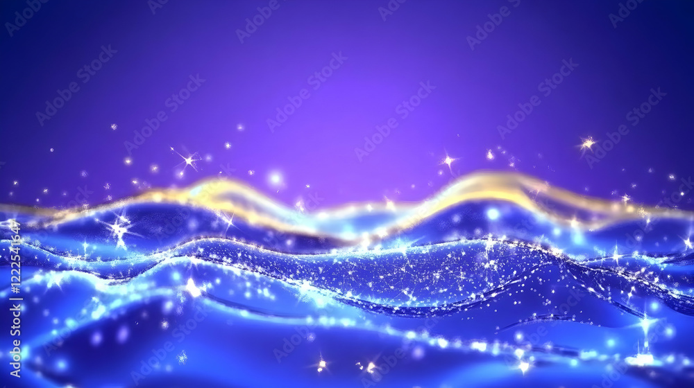 Poster Abstract Blue Waves Flowing with Golden Highlights and Sparkling Particles on a Gradient Background