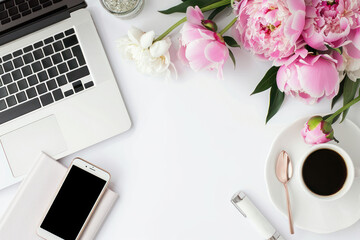 top view flat lay element girl feminine workspace peony flower computer and smart phone coffee drink and copy space