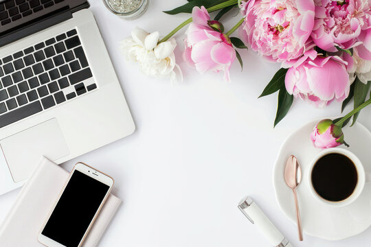 top view flat lay element girl feminine workspace peony flower computer and smart phone coffee drink and copy space