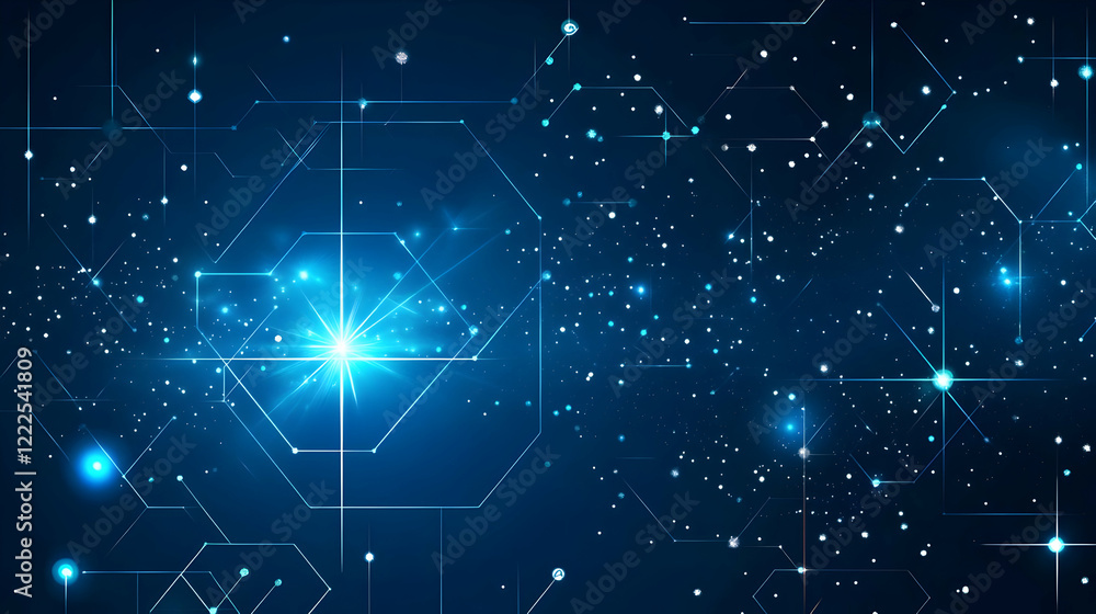 Poster abstract technology background shows interconnected nodes, data flow, and futuristic network design.