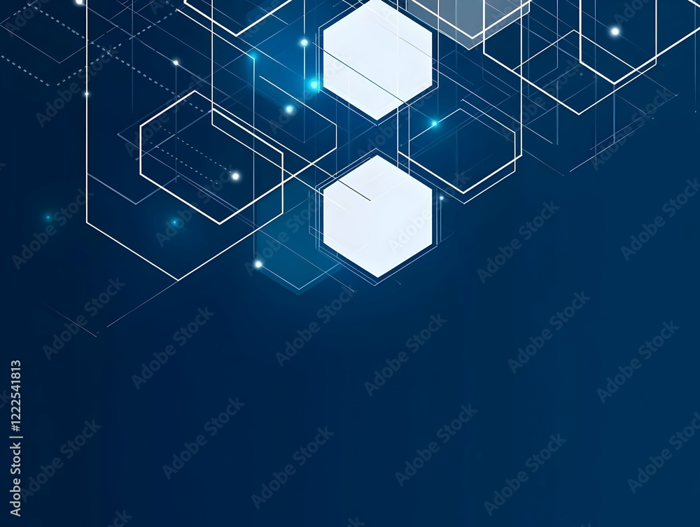 Poster abstract blue background shows interconnected hexagons and lines with subtle lighting effects.