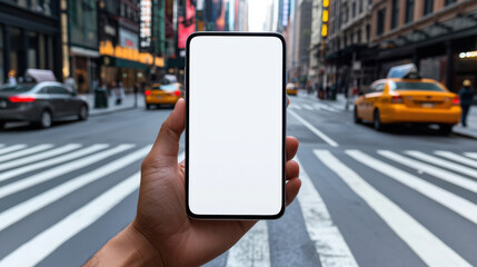 A person holding a smartphone in a busy urban street setting.