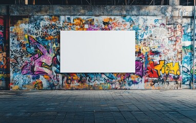 Naklejka premium Blank White Billboard Against Colorful Graffiti Wall Mockup in Urban Environment.