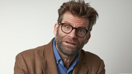 Obraz premium A middle-aged man is seated, looking directly at the viewer with a surprised expression. He has unkempt hair, thick glasses, and is dressed in a brown jacket over a blue shirt
