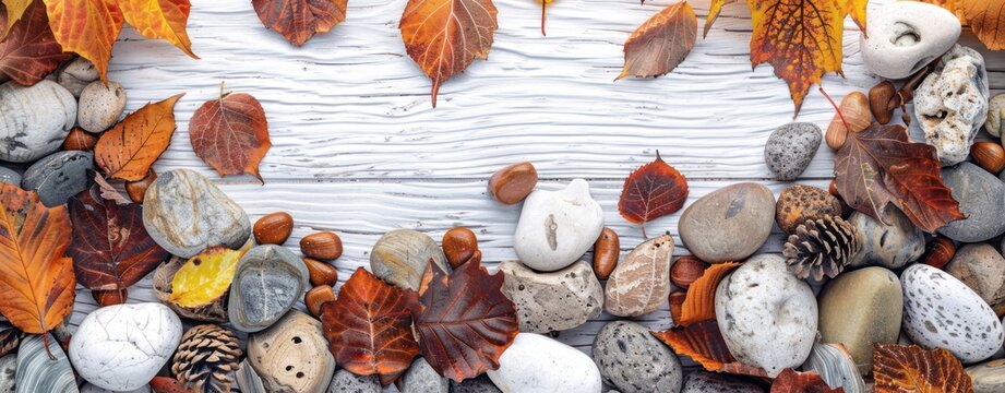 natural autumn fall banner or background with wood pebbles and colorful leaves on a white textured wood background, copy space for text - Powered by Adobe