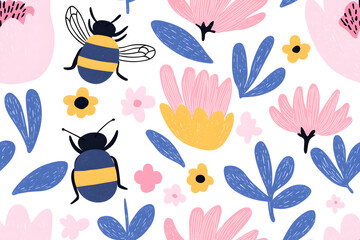 Hand drawn seamless pattern illustration of flowers and honeybees, isolated on white