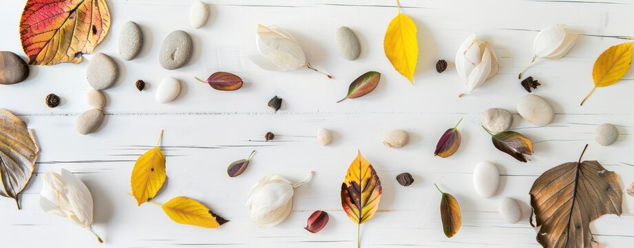 natural autumn fall banner or background with wood pebbles and colorful leaves on a white textured background, copy space for text - Powered by Adobe