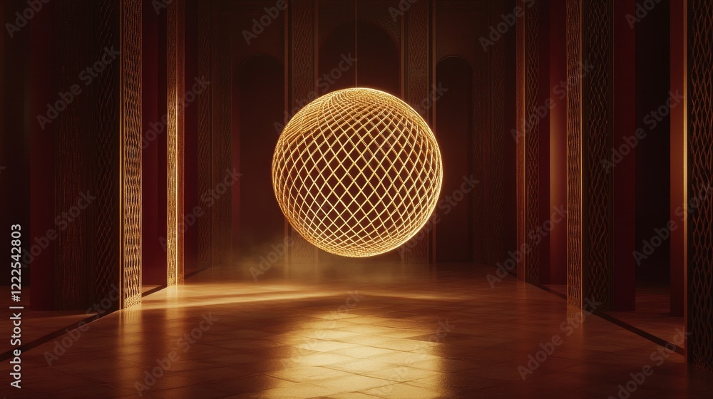 Poster ethereal golden orb in ornate corridor abstract 3d rendering of modern architectural design.